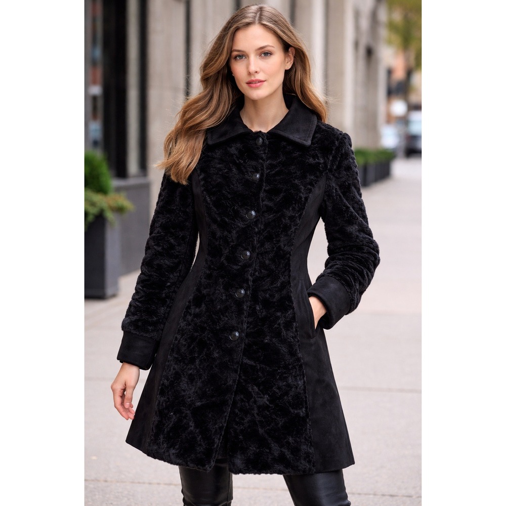 Vintage Winkelmans Borg Deep‎ Pile Faux Fur Coat Black Button Belted Womens 10